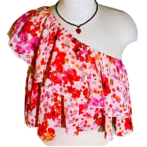 SHEIN Tops - Floral Print One Shoulder Ruffle Trim Crop Top